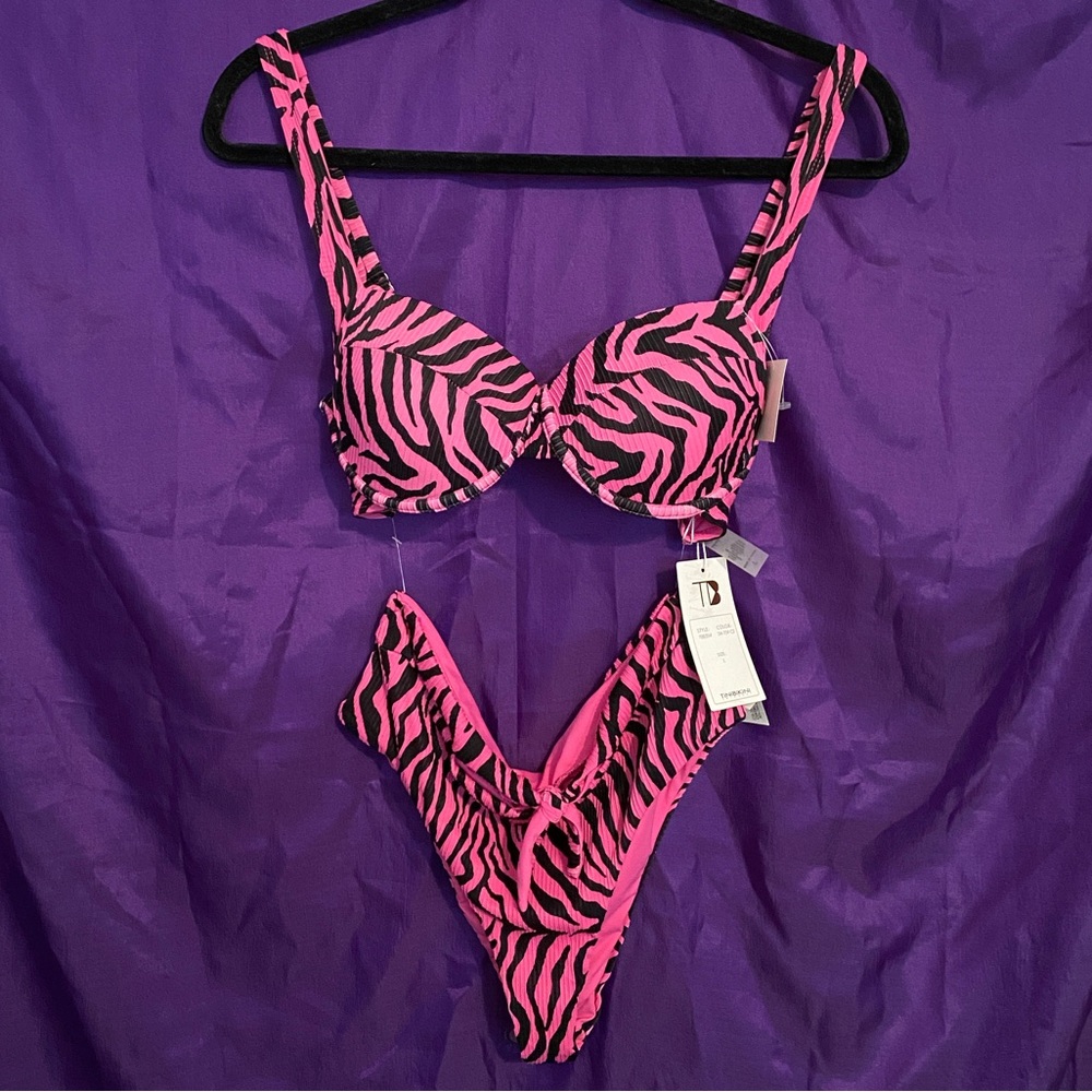 NWT TiniBikini Pink and Black Zebra Bikini Push-Up. Size L.